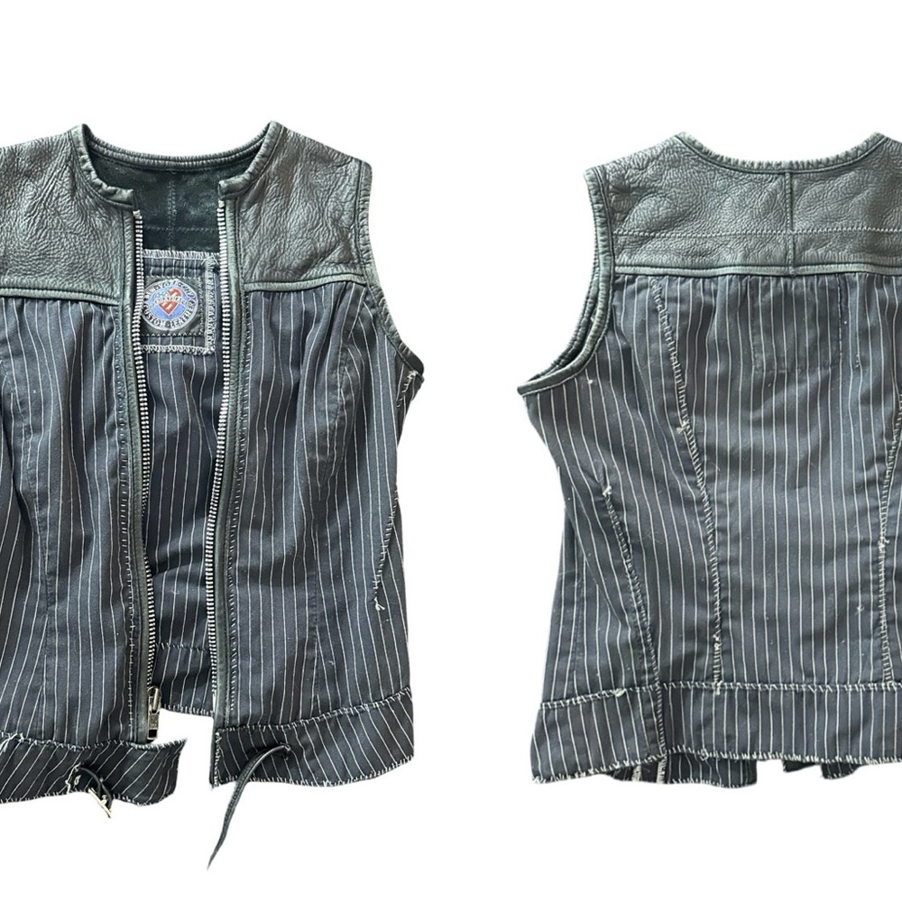 Unisex Agatha Blois pinstripe and leather custom sleeveless vest